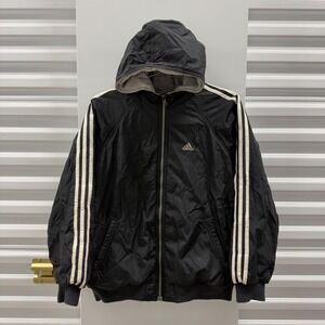 Vintage 90s Adidas Reversible Jacket Boys Large Black Windbreaker Grey Fleece